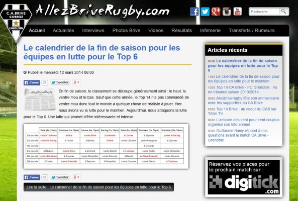 Le site allezbriverugby.com évolue et propose les commentaires facebook pour ses internautes
