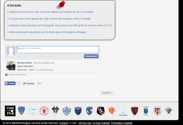 Mise en place des commentaires facebook à la fin des articles sur le site allezbriverugby.com
