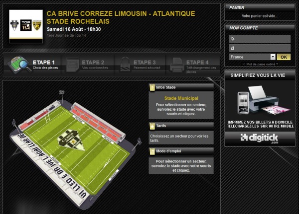 Réservation en ligne via digitick de places top 14 Brive La Rochelle et Brive Clermont