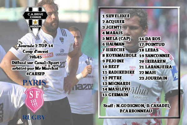 La composition du CA Brive pour la réception du Stade Français Paris pour le compte de la deuxième journée du Top 14 saison 2015/2016