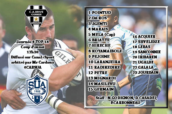 La composition du CA Brive pour sa réception d'Agen pour le compte de la quatrième journée du Top 14 saison 2015/2016