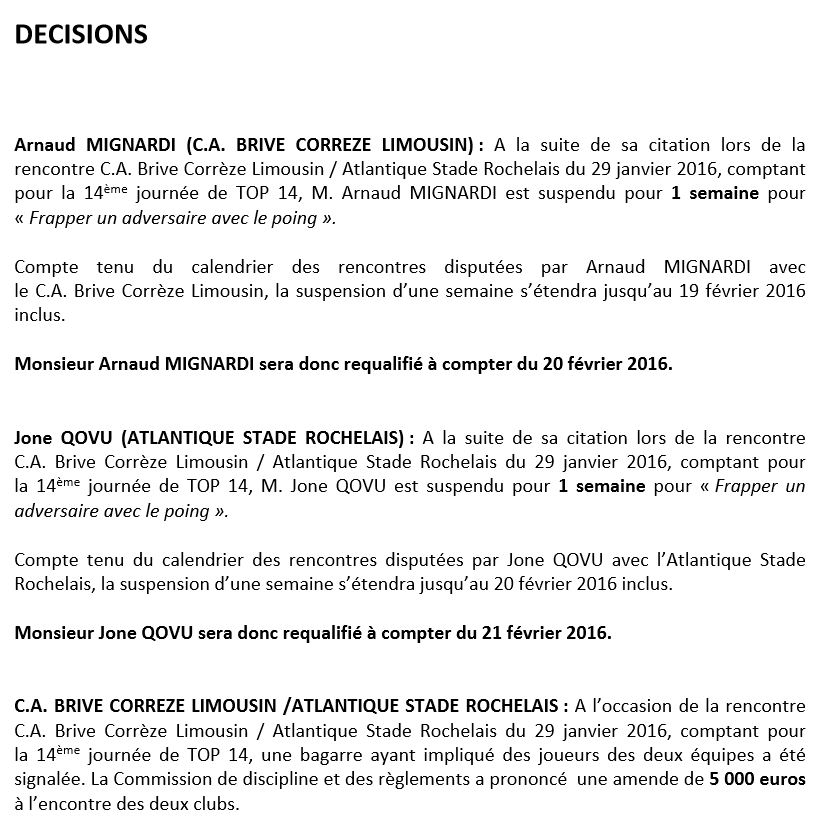 Extrait décision commission discipline de la LNR contre Arnaud Mignardi Qovu et les clubs de Brive et La Rochelle