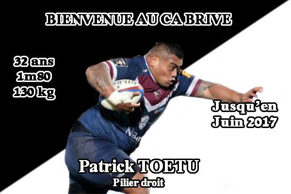 Le CA Brive officialise l'arrivée du pilier droit Patrick Toetu dans son effectif