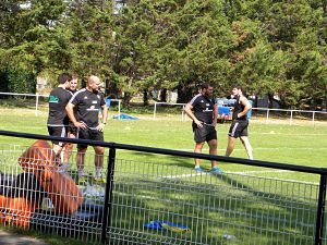 Damien Jourdain, Damien Lavergne, Thomas Acquier et Soso Bekoshvili travaillent physiquement avant la réception de La Rochelle pour le CA Brive
