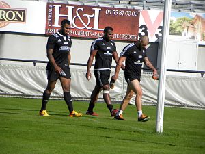 Les joueurs du CA Brive Seva Galala, Seremaia Burotu et Benjamin Lapeyre en termine avec l'entrainement du jour en prévision de la réception du Racing 92