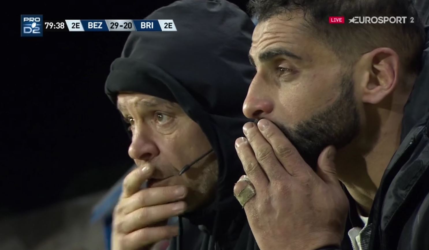 Said Hireche et Didier Casadeï soucieux après la défaite à Béziers pour la J19 de Prod2 saison 2018-2019